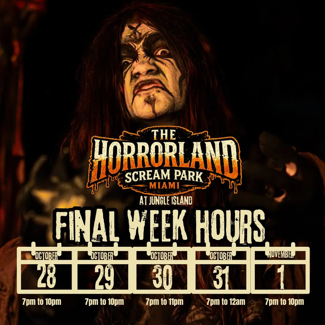 The Horrorland final week hours: October 28, 7 pm to 10 pm; October 29, 7 pm to 10 pm; October 30, 7 pm to 11 pm; October 31, 7 pm to midnight; November 1, 7 pm to 10 pm.